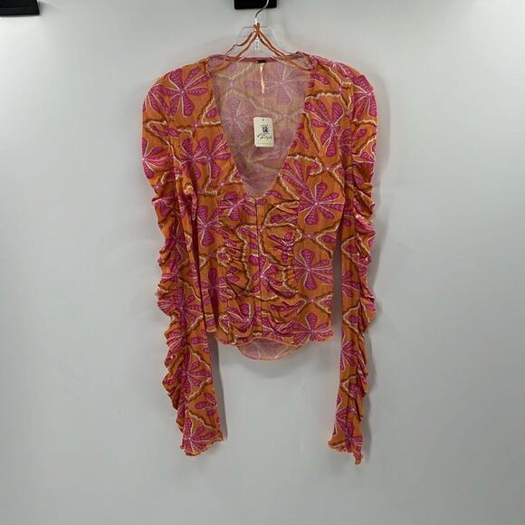 Free People Through the Meadow Ruched Mesh Top - Grapefruit Seltzer - XS - NWT - Picture 2 of 8